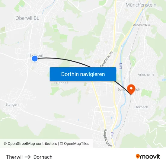 Therwil to Dornach map