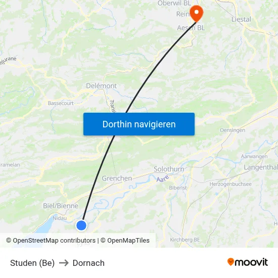 Studen (Be) to Dornach map