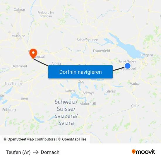 Teufen (Ar) to Dornach map