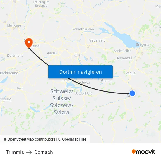 Trimmis to Dornach map