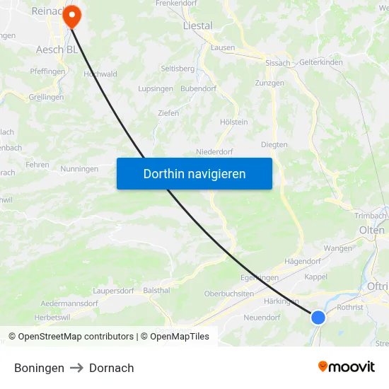 Boningen to Dornach map