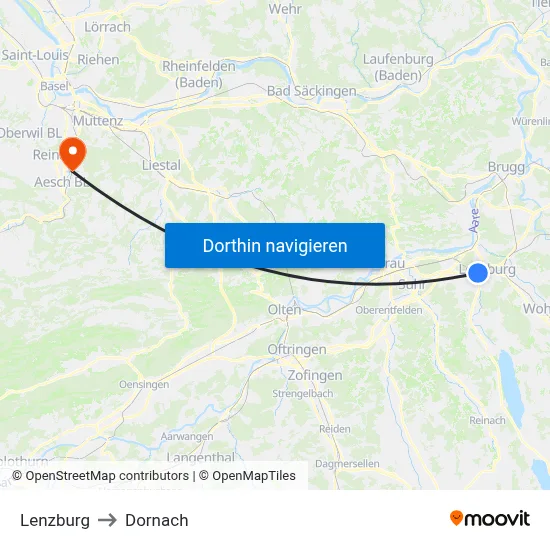 Lenzburg to Dornach map
