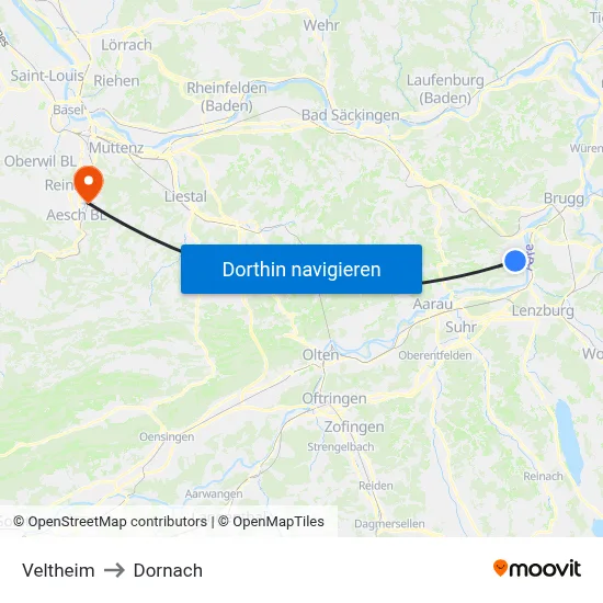 Veltheim to Dornach map