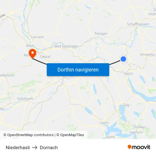 Niederhasli to Dornach map