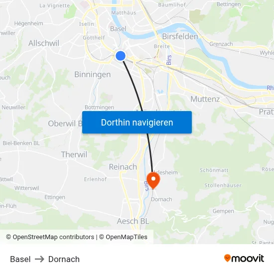 Basel to Dornach map