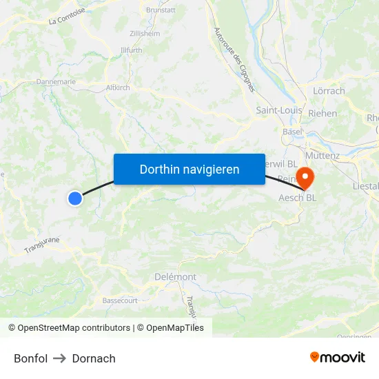 Bonfol to Dornach map
