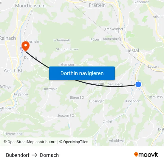 Bubendorf to Dornach map