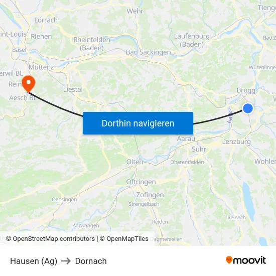 Hausen (Ag) to Dornach map