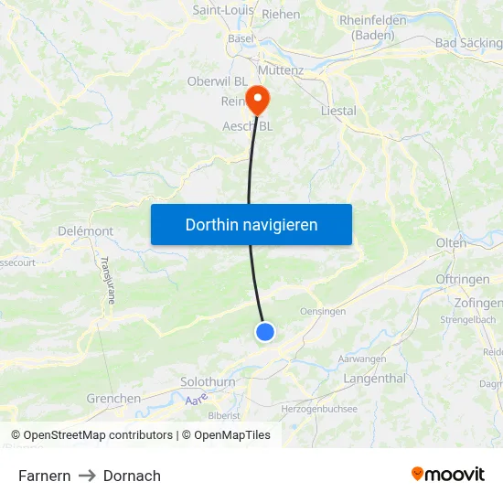 Farnern to Dornach map