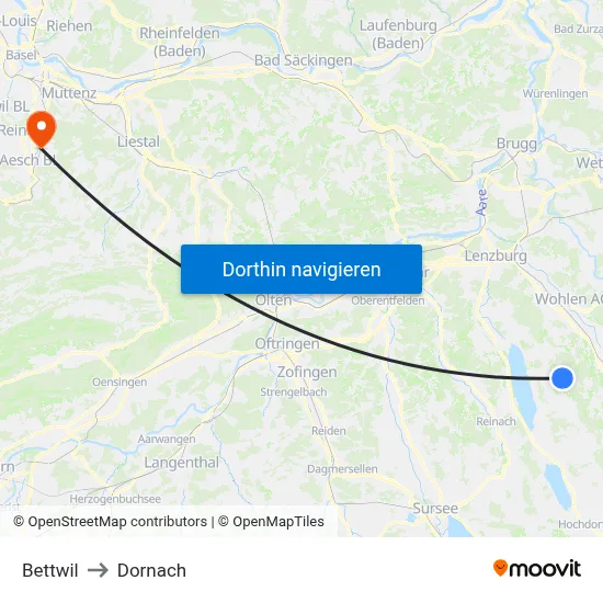 Bettwil to Dornach map