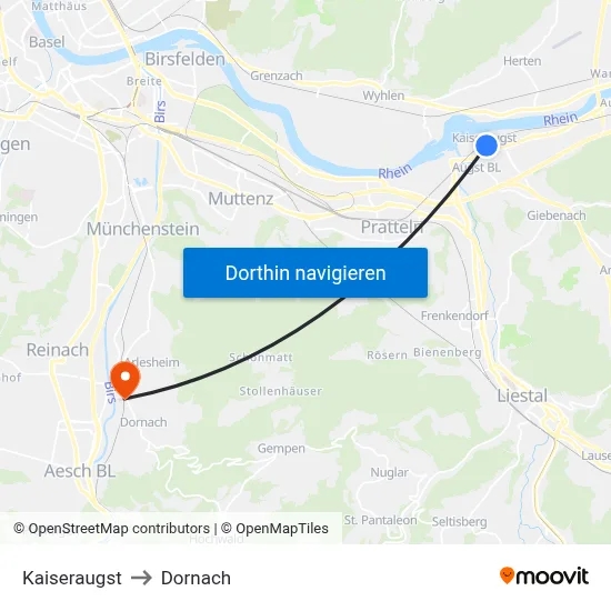 Kaiseraugst to Dornach map
