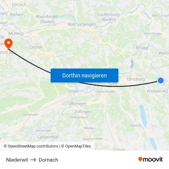 Niederwil to Dornach map