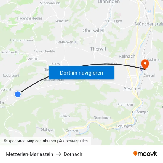 Metzerlen-Mariastein to Dornach map