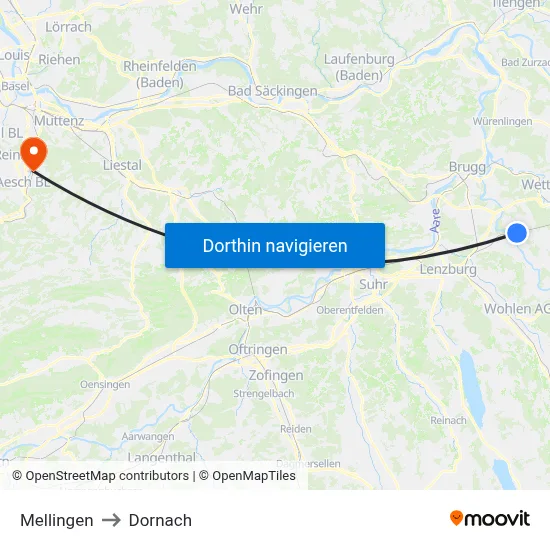 Mellingen to Dornach map