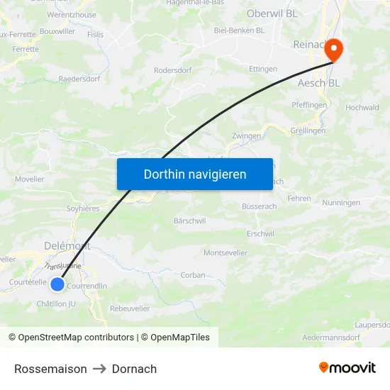 Rossemaison to Dornach map
