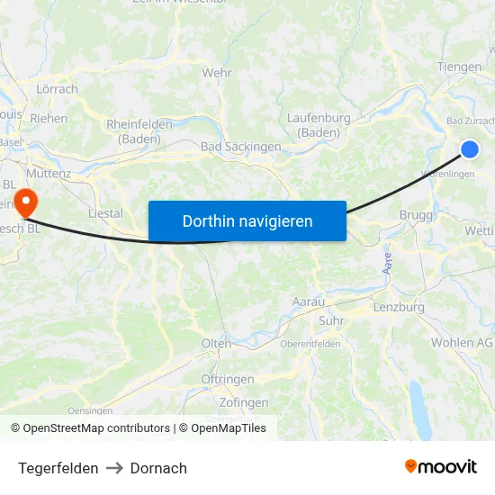 Tegerfelden to Dornach map