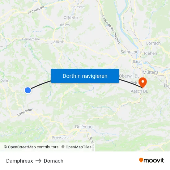 Damphreux to Dornach map