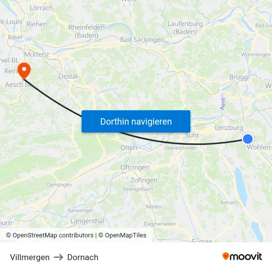 Villmergen to Dornach map
