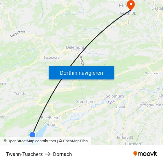 Twann-Tüscherz to Dornach map