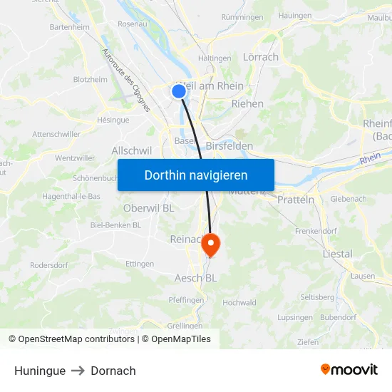 Huningue to Dornach map