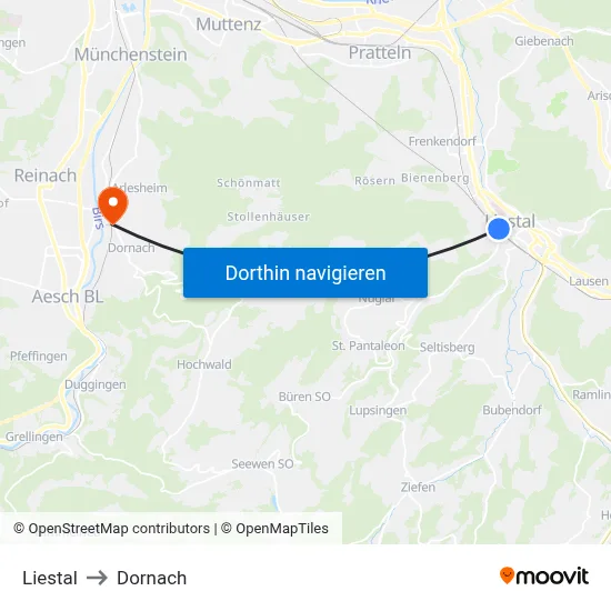 Liestal to Dornach map