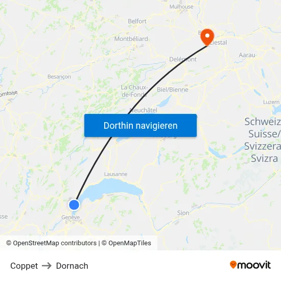 Coppet to Dornach map
