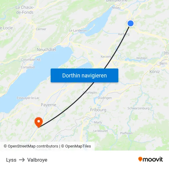 Lyss to Valbroye map