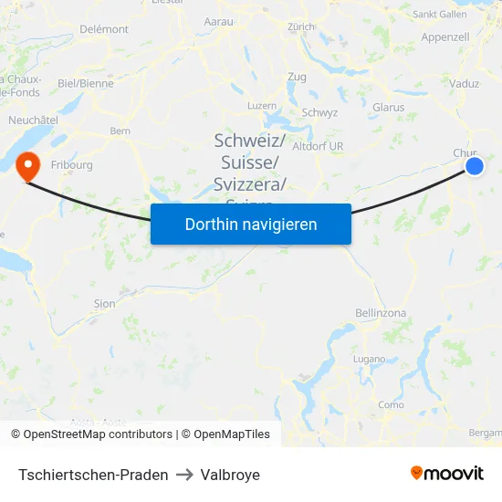 Tschiertschen-Praden to Valbroye map