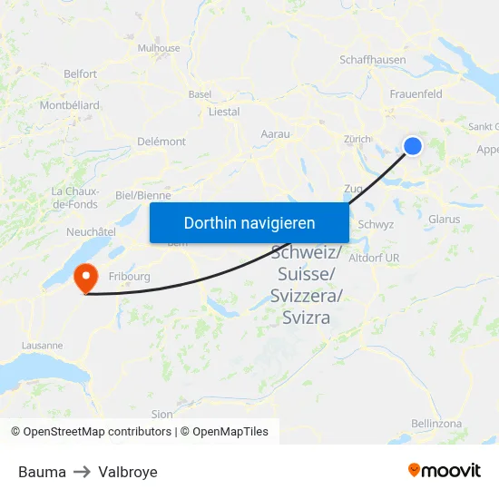 Bauma to Valbroye map