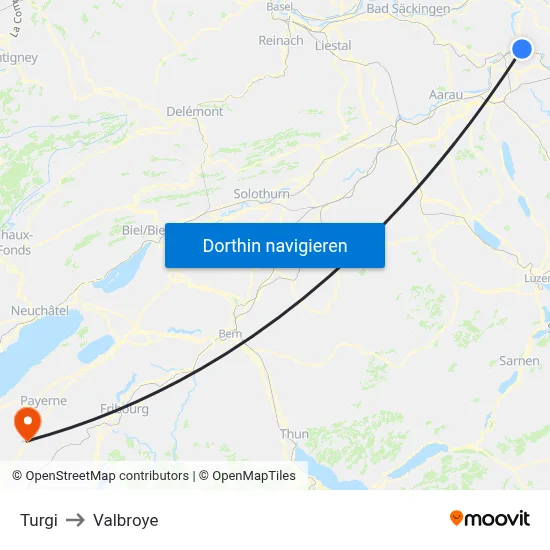 Turgi to Valbroye map
