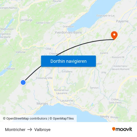 Montricher to Valbroye map