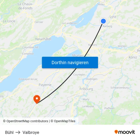 Bühl to Valbroye map