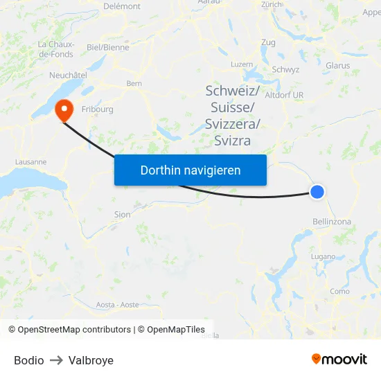 Bodio to Valbroye map