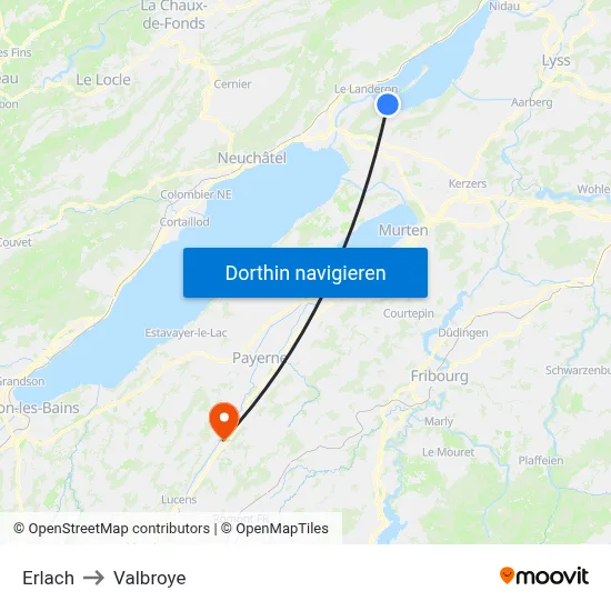 Erlach to Valbroye map