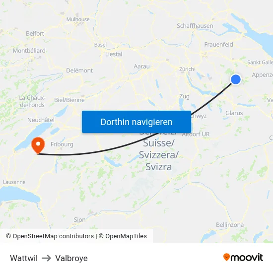 Wattwil to Valbroye map