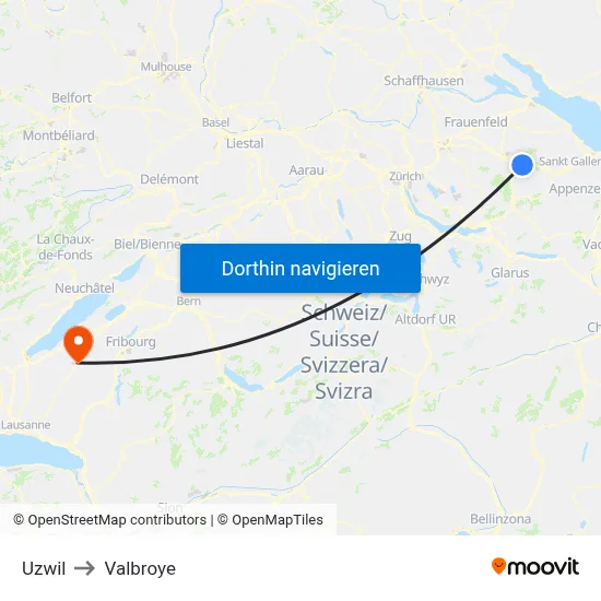 Uzwil to Valbroye map