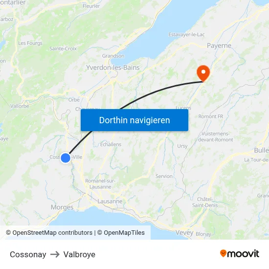 Cossonay to Valbroye map