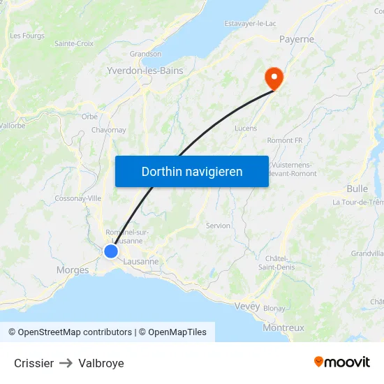 Crissier to Valbroye map