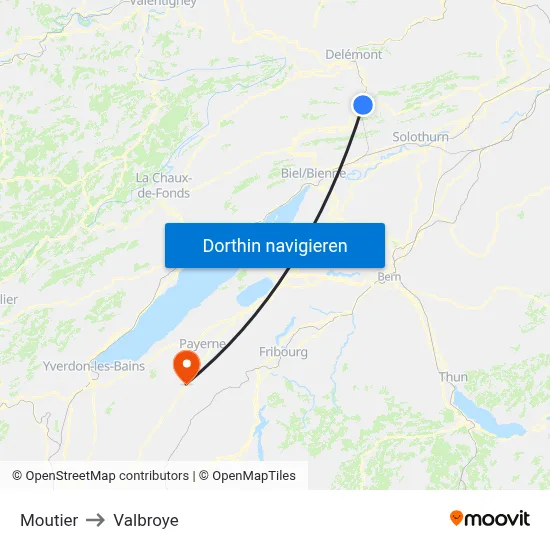 Moutier to Valbroye map