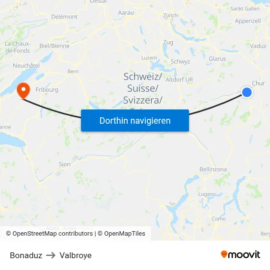 Bonaduz to Valbroye map