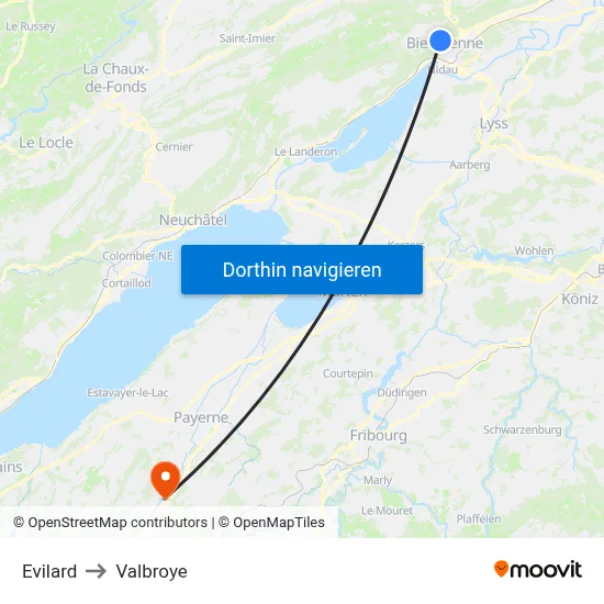 Evilard to Valbroye map