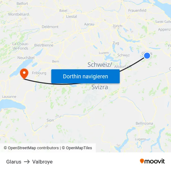 Glarus to Valbroye map