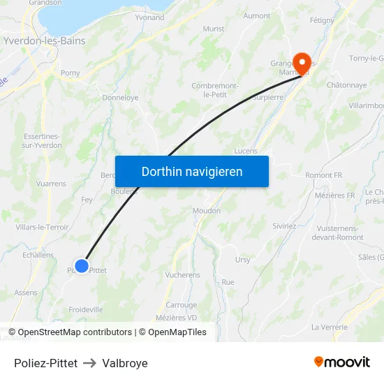 Poliez-Pittet to Valbroye map