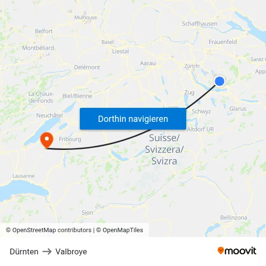 Dürnten to Valbroye map
