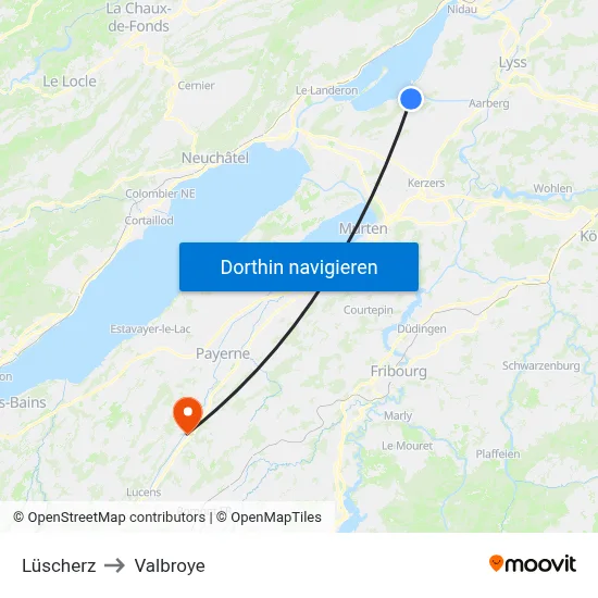 Lüscherz to Valbroye map