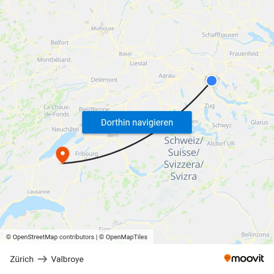 Zürich to Valbroye map