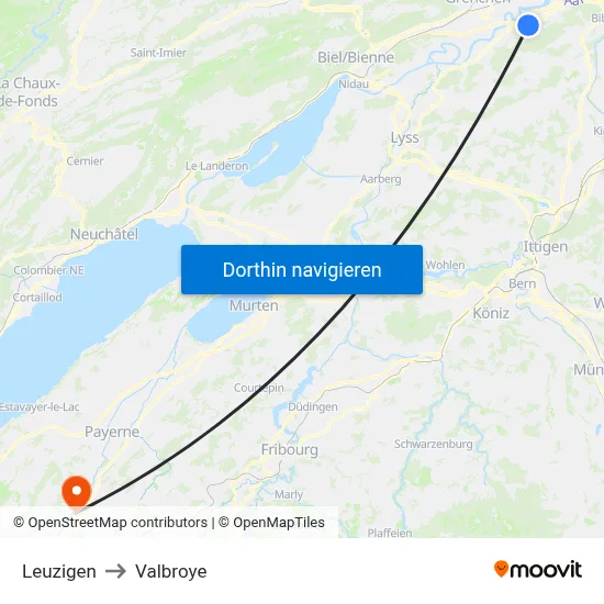 Leuzigen to Valbroye map