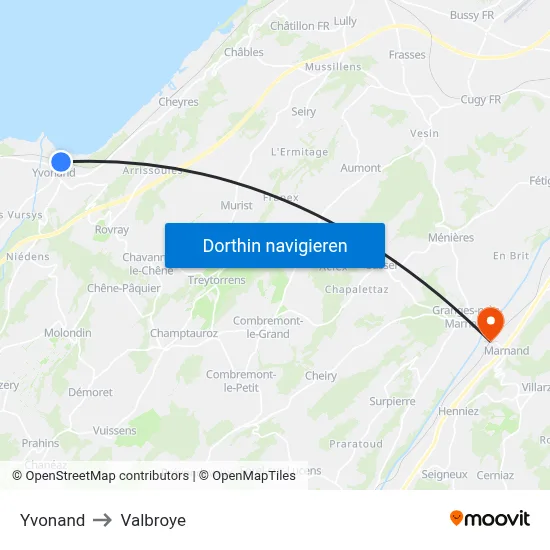 Yvonand to Valbroye map