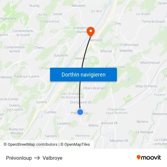 Prévonloup to Valbroye map