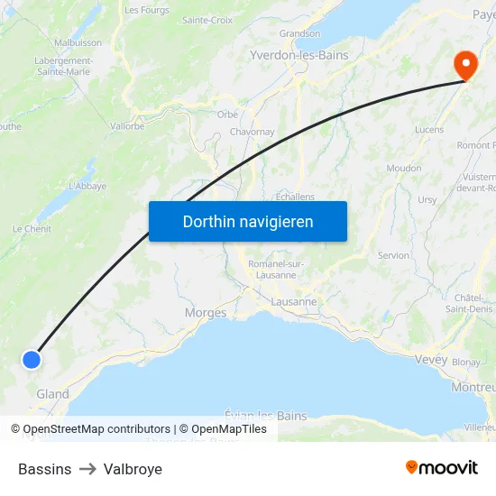 Bassins to Valbroye map